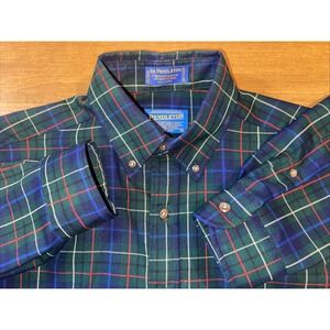 Vintage Sir Pendleton Worsted Wool Shirt Men M‎ Plaid Tartain Green Long Sleeve